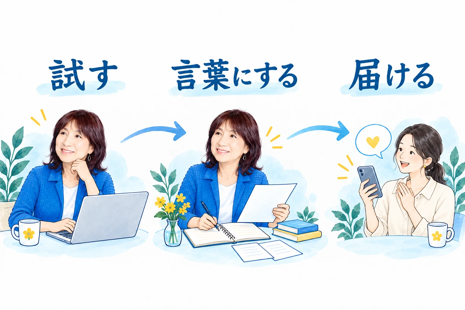 試す → 言葉にする → 届ける。自己紹介ページで伝え、体験を記事にし、SNSへつなげる